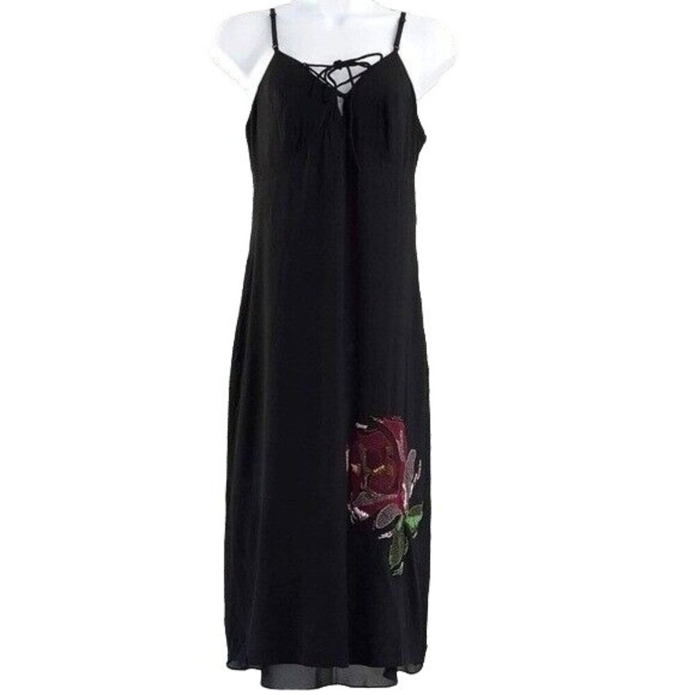 Nicole Miller Collection Silk Strappy Cocktail Dress Black Size 8 Sequin Floral